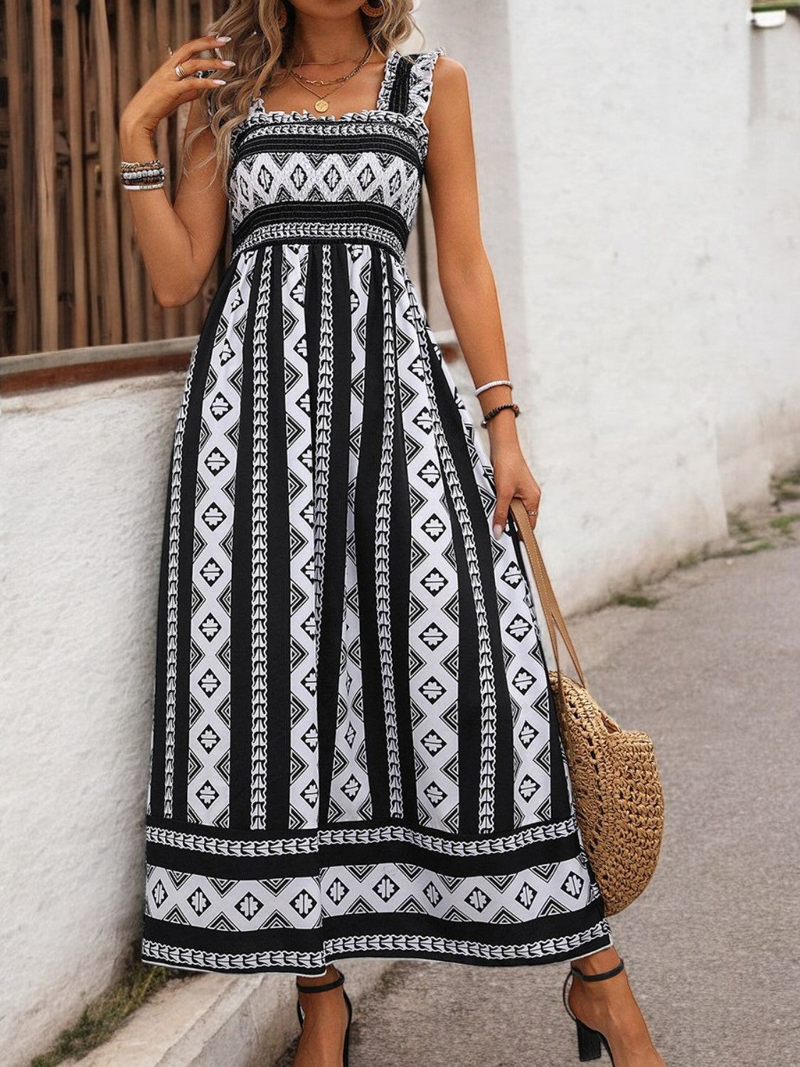 Abito Maxi Stampato con Scollo Quadrato Summer Bloom per Donne