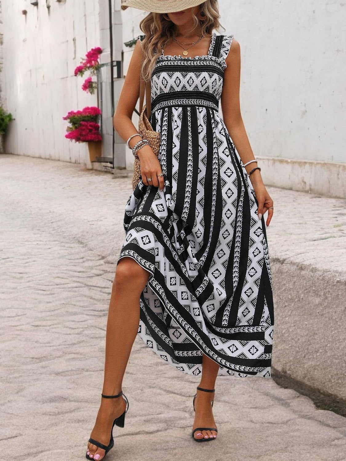 Abito Maxi Stampato con Scollo Quadrato Summer Bloom per Donne